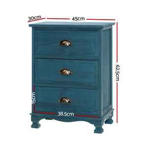 Artiss Bedside Tables | 2X | THYME | 3 Drawers | Vintage | Blue