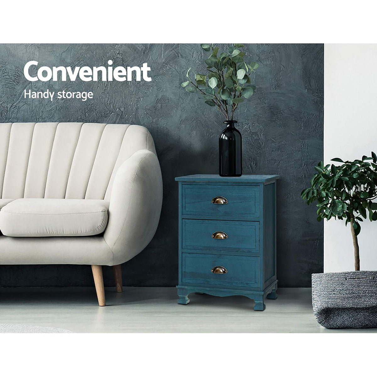 Artiss Bedside Tables | 2X | THYME | 3 Drawers | Vintage | Blue