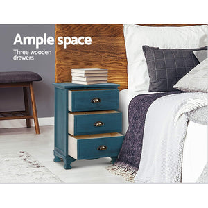 Artiss Bedside Tables | 2X | THYME | 3 Drawers | Vintage | Blue