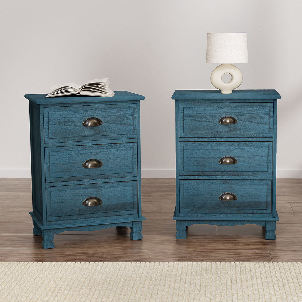 Artiss Bedside Tables | 2X | THYME | 3 Drawers | Vintage | Blue