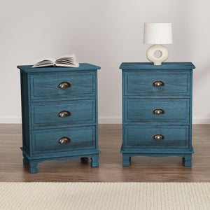 Artiss Bedside Tables | 2X | THYME | 3 Drawers | Vintage | Blue