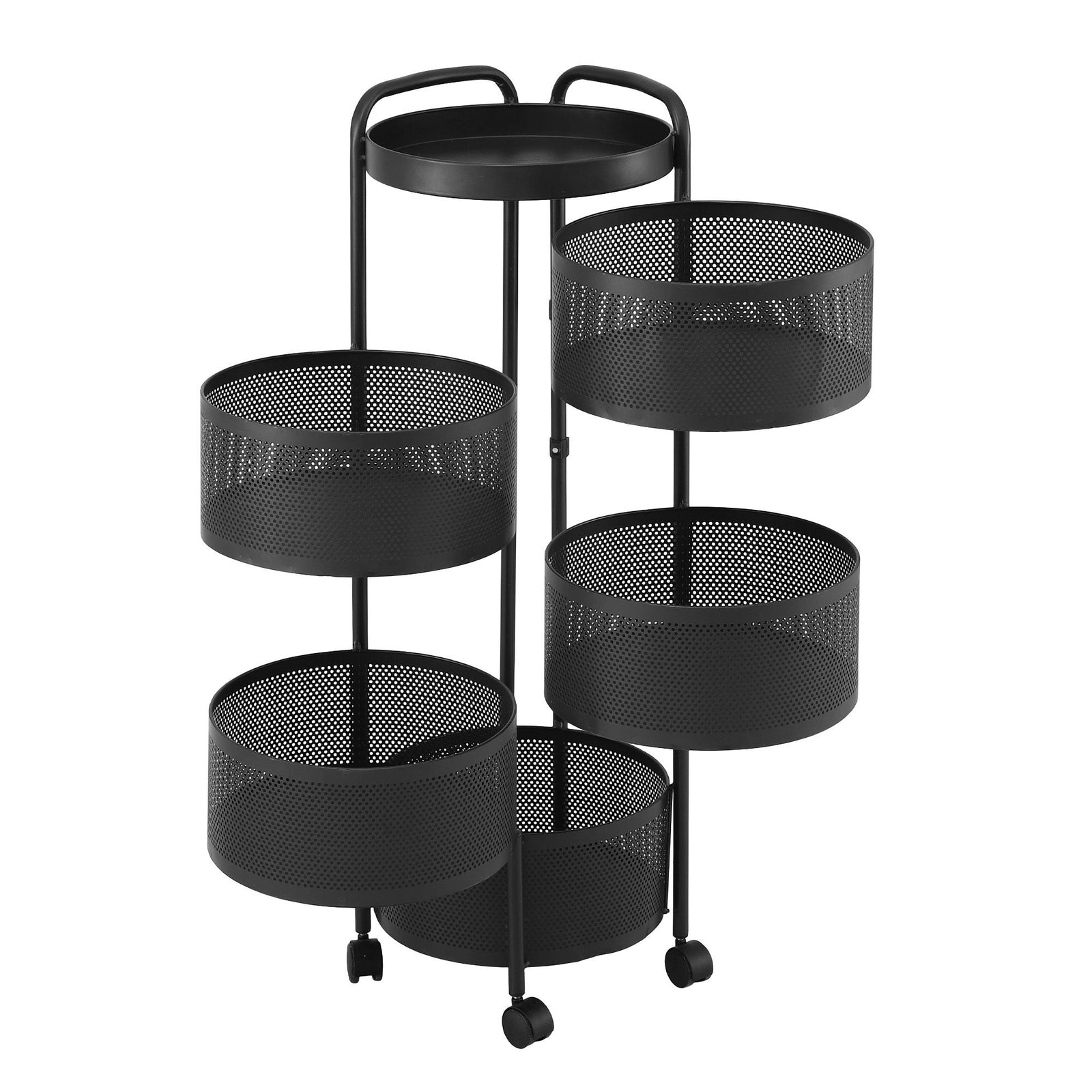 Kitchen Storage Trolley | 5-Tier Rolling Cart with Round Baskets | Black