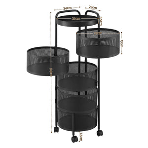 Artiss Storage Trolley Kitchen Cart 5 Tiers Storage Rack Round Basket Black