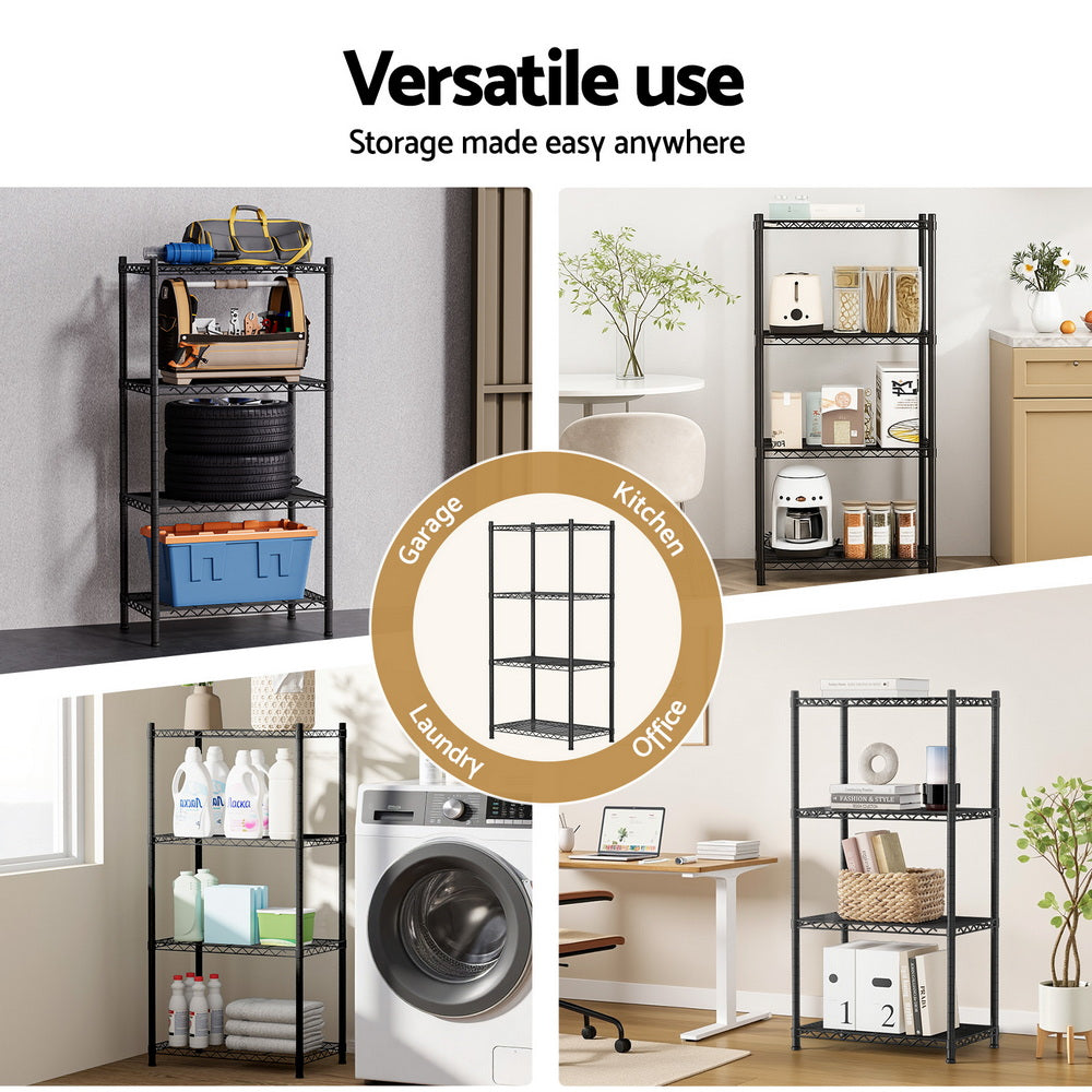 Steel Shelving Rack | 4 Tier | Adjustable Storage Shelves | Garage Kitchen