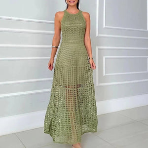 Women's Bohemian Hollow Knit Sleeveless Dress | Hippie High Waist Solid Maxi Beach Dress | Summer O - Neck Long Dress S–XLdress