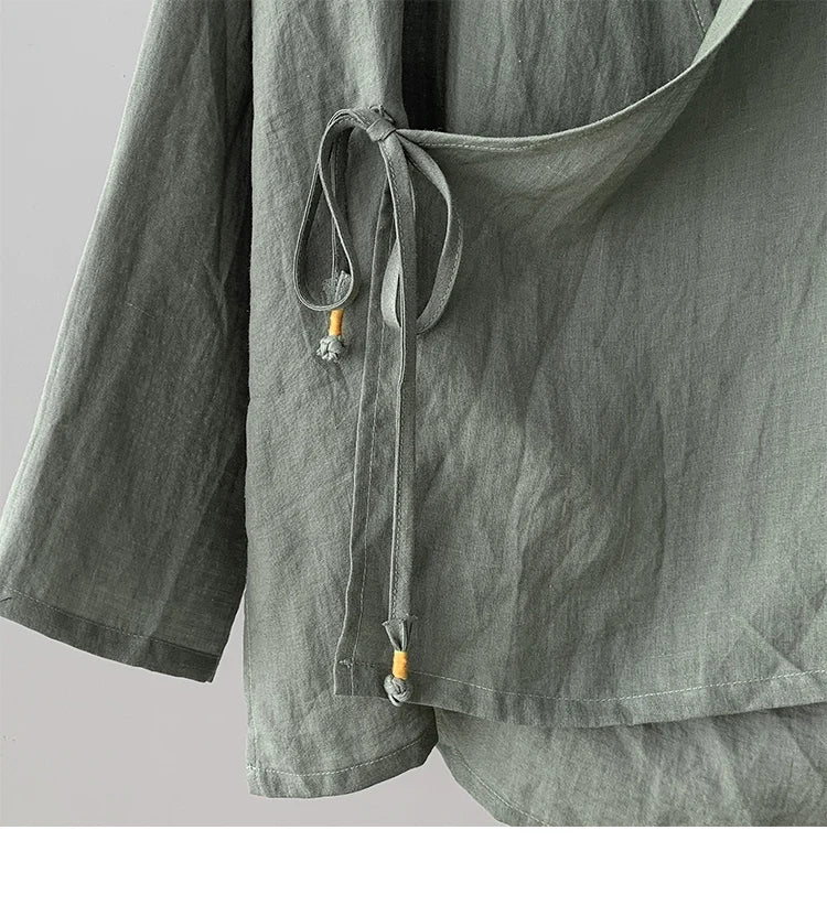 Women's Bohemian Cotton Linen Lace - Up Shirt | Hippie Long Sleeve Casual Blouse | Solid Colour V - Neck Top S–3XL