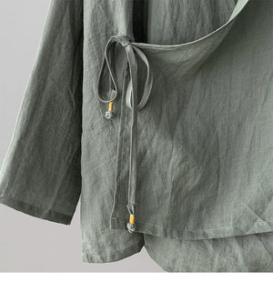 Women's Bohemian Cotton Linen Lace - Up Shirt | Hippie Long Sleeve Casual Blouse | Solid Colour V - Neck Top S–3XL