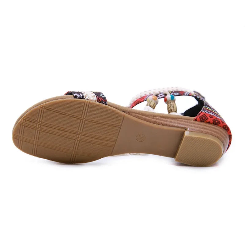 Women's Boho Sandals | Ethnic Style Rhinestone Flats | Beach Comfort Slippers | Black & Brown | Sizes 34-42