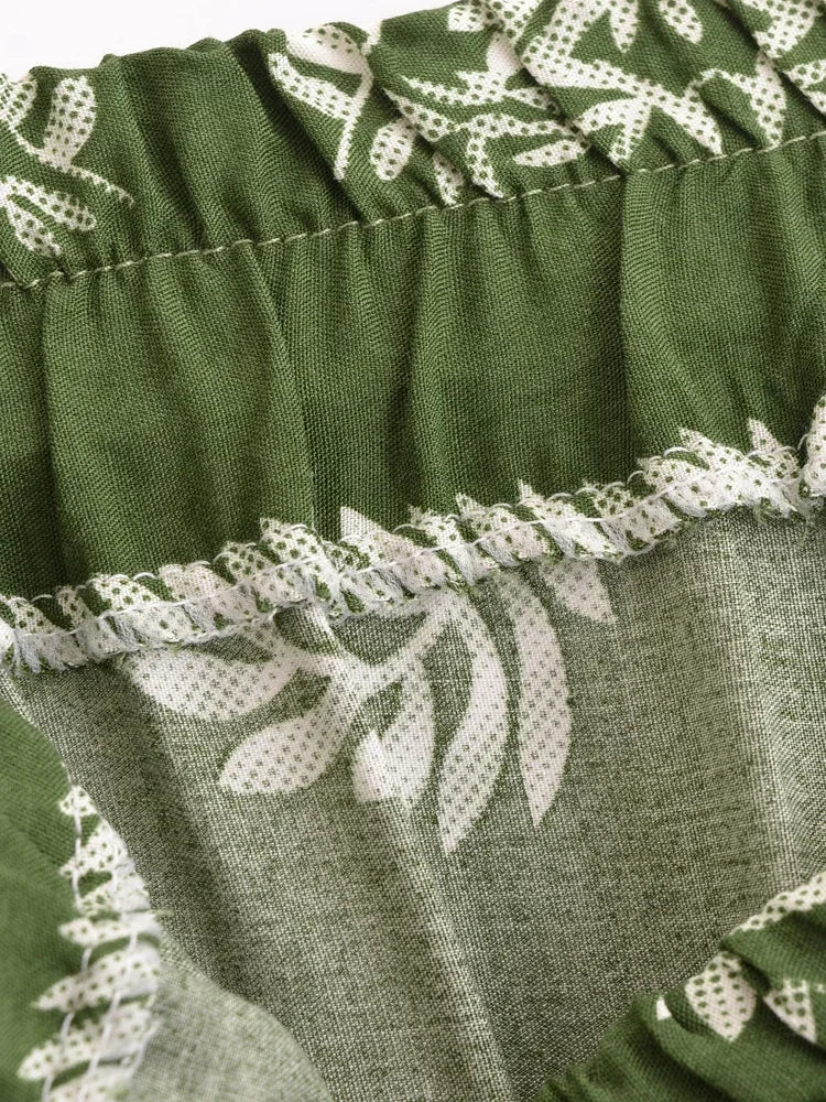 Bohemian Green Floral Wide-Leg Pants | Rayon Loose Fit High Hip Elastic Waist Trousers | S–L