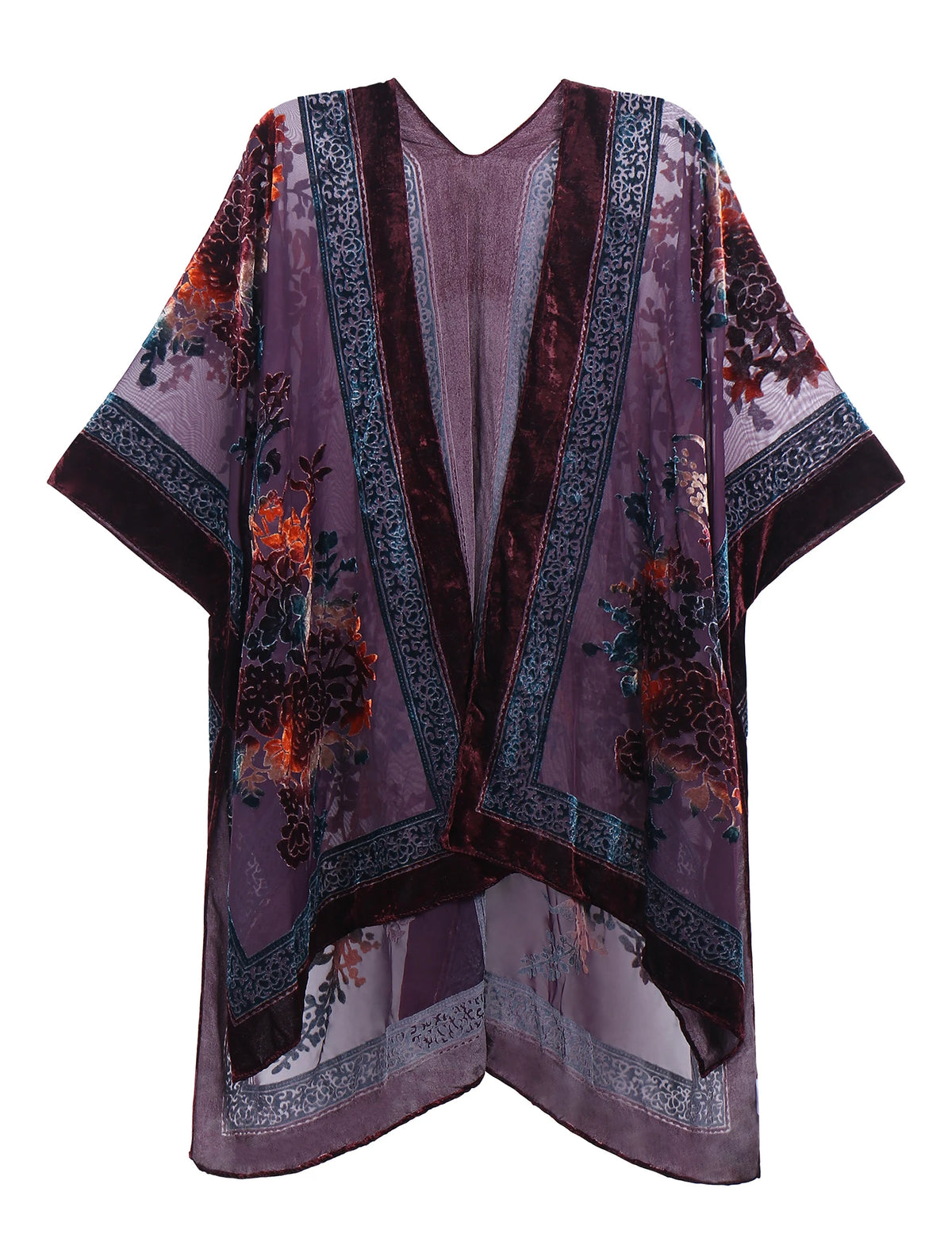 Bohemian Burnt Plush Velvet Kimono | Women's Long Floral Beach Cover - Up with Tassels | One Size | Various Colourstop