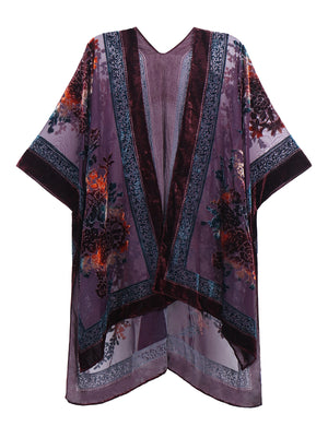 Bohemian Burnt Plush Velvet Kimono | Women's Long Floral Beach Cover - Up with Tassels | One Size | Various Colourstop