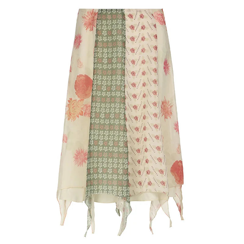 Bohemian Hippie Midi Skirt | Floral Chiffon Irregular Hem | A-Line Low Waist Vacation Skirt | S–M