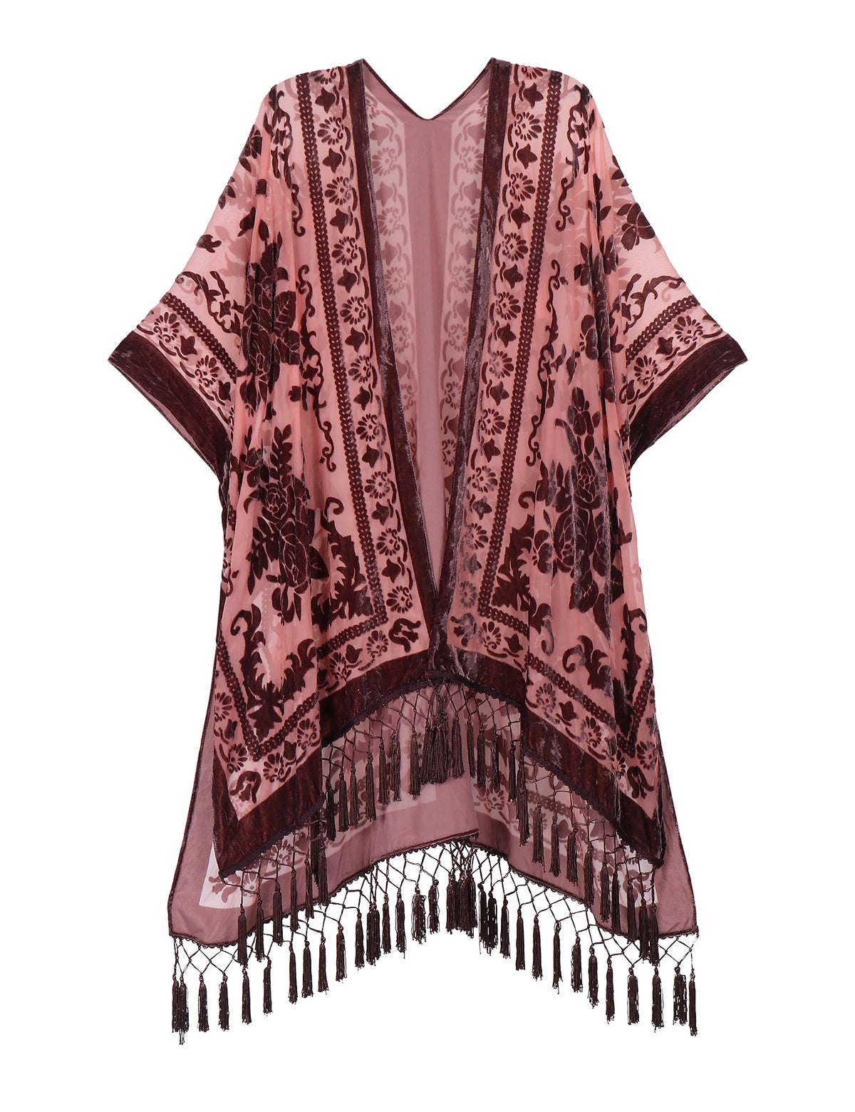 Bohemian Burnt Plush Velvet Kimono | Women's Long Floral Beach Cover - Up with Tassels | One Size | Various Colourstop