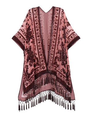 Bohemian Burnt Plush Velvet Kimono | Women's Long Floral Beach Cover - Up with Tassels | One Size | Various Colourstop