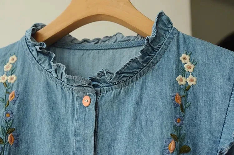 Women's Hippie Flower Long Sleeve Blouse | Ruffled Collar | Free Size