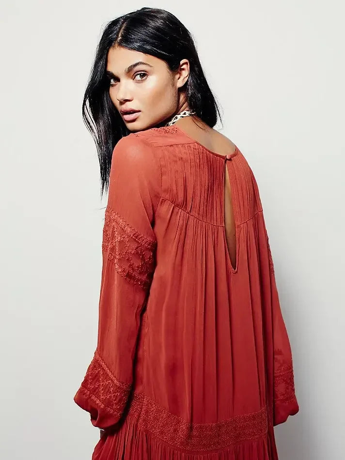 Boho Embroidered Maxi Dress | V-Neck Lantern Sleeve Free Style Dress | Loose Fit Cotton Dress for Women | S-XL