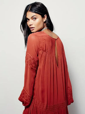 Boho Embroidered Maxi Dress | V-Neck Lantern Sleeve Free Style Dress | Loose Fit Cotton Dress for Women | S-XL