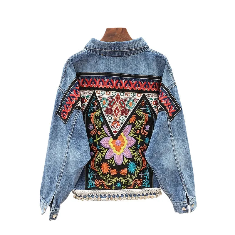 Boho Hippie Embroidered Denim Jacket | Vintage Floral Beaded Jean Coat for Women