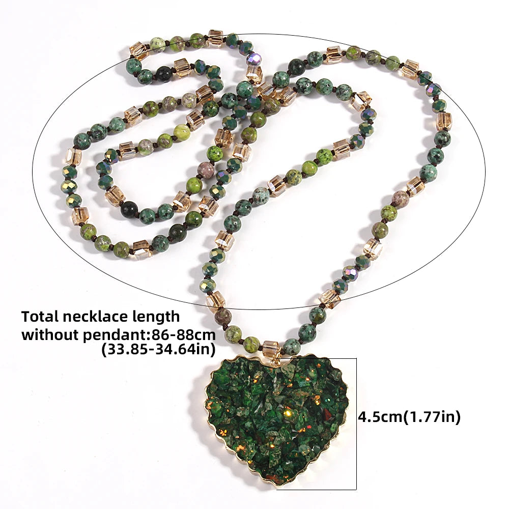 Bohemian Styled Natural Stone Necklace With Heart Shaped Pendant | Green