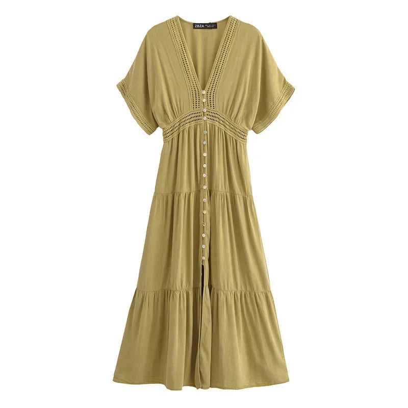 Bohemian Hippie Matcha Dress | V-Neck Cotton Blend A-Line Midi with Lace & Buttons | XS–L
