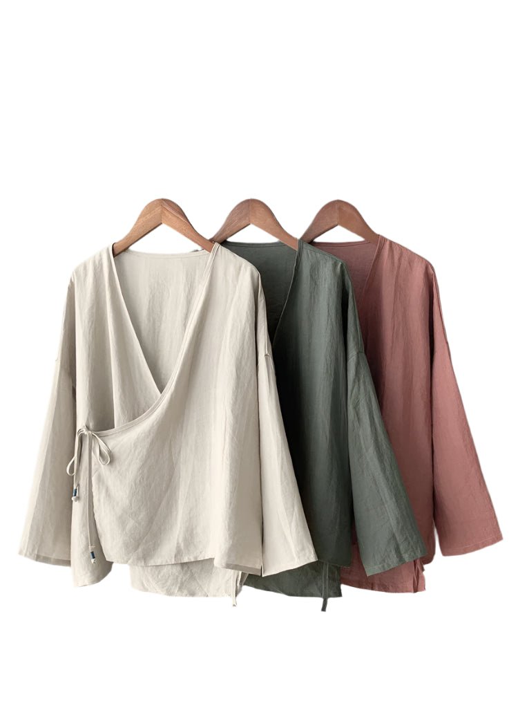 Women's Bohemian Cotton Linen Lace - Up Shirt | Hippie Long Sleeve Casual Blouse | Solid Colour V - Neck Top S–3XL