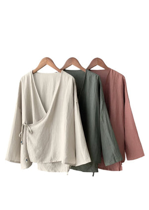 Women's Bohemian Cotton Linen Lace - Up Shirt | Hippie Long Sleeve Casual Blouse | Solid Colour V - Neck Top S–3XL