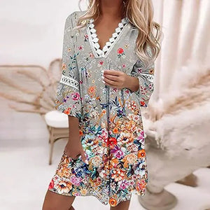 Women's Boho Lace Midi Dress | V - Neck Floral Vacation Dress with Flare Sleeves | Romantic Loose Fit | S–XXL