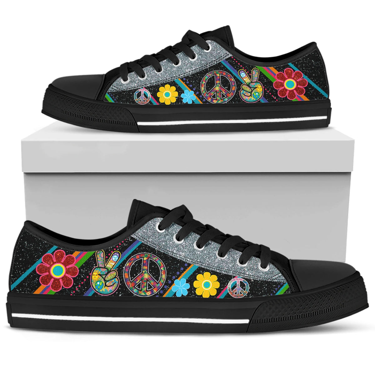 Women's Black Lace Up Hippie Designed Canvas Shoes | Various Sizes