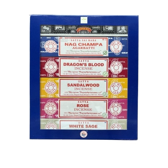Satya Earth Incense Gift Set | 6 × 15g | Nag Champa, Super Hit, Dragon’s Blood, Sandalwood, Rose & White Sage