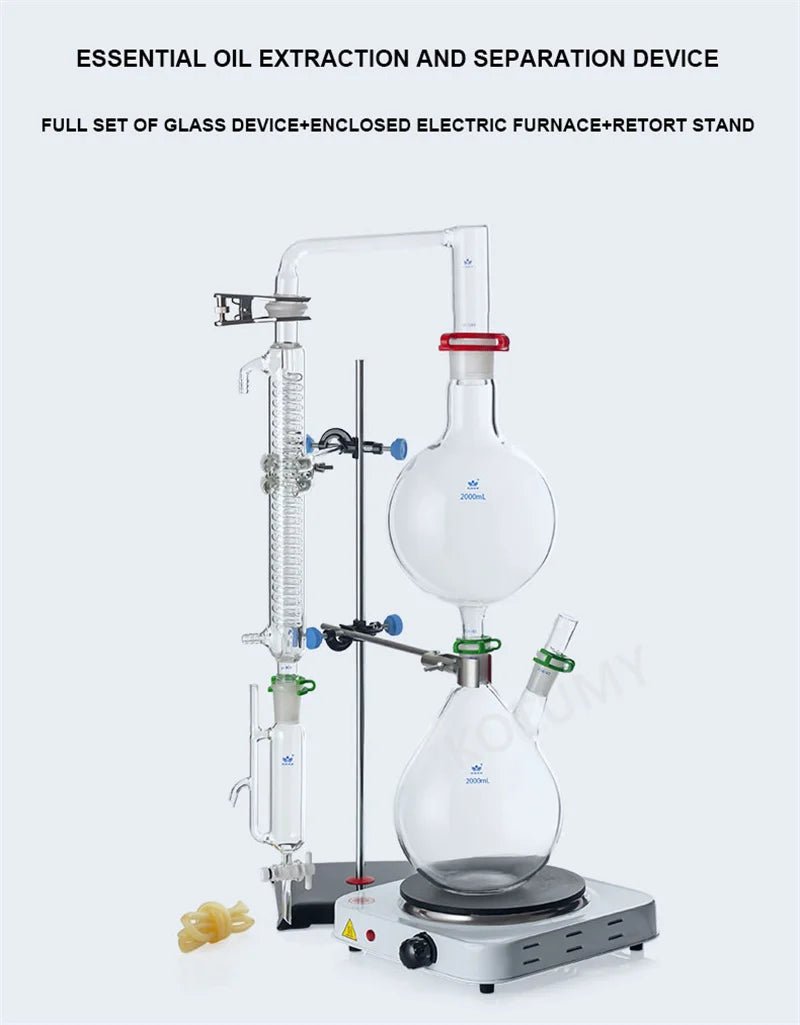 Essential Oil Extraction Separator | Steam Distillation Apparatus with Hot Stove & Graham Condenser | Full Set | 2000ml / 1000ml / 500ml Options