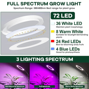 Full Spectrum 72 LEDs Grow Light | Adjustable & Dimmable Halo Lamp for Indoor Plants