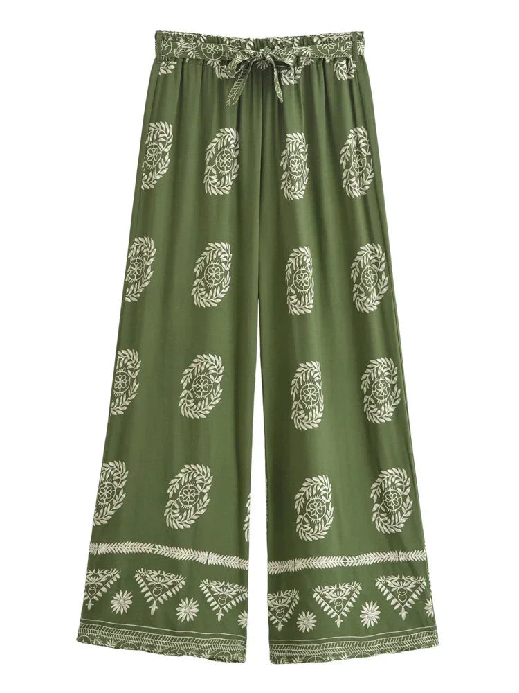 Bohemian Green Floral Wide-Leg Pants | Rayon Loose Fit High Hip Elastic Waist Trousers | S–L