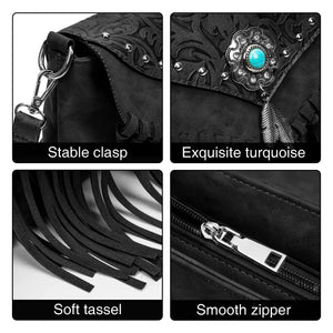 Black Boho Festival Bag With Turquoise Center Stone & Tassels