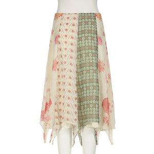 Bohemian Hippie Midi Skirt | Floral Chiffon Irregular Hem | A-Line Low Waist Vacation Skirt | S–M