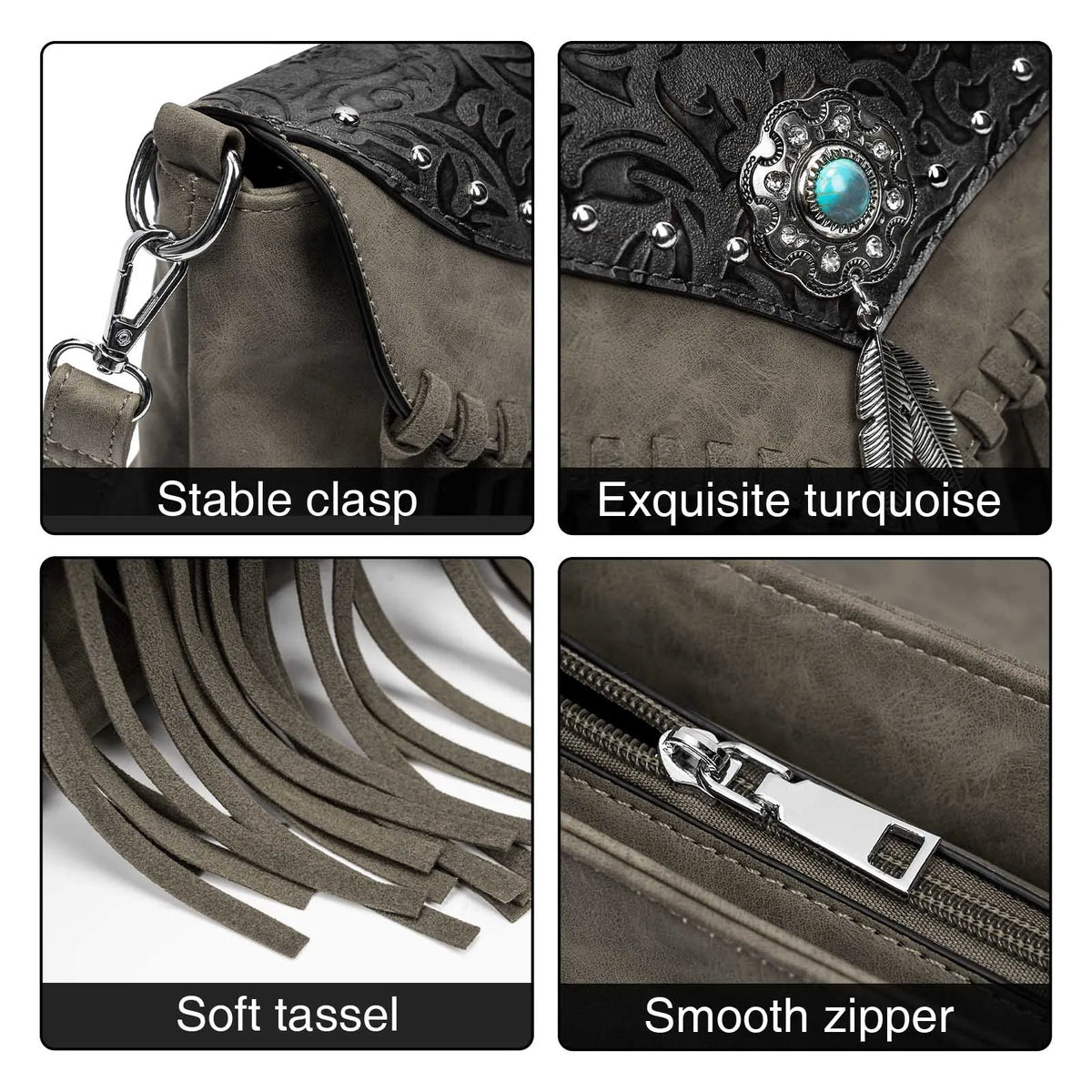 Universal Grey Boho Festival Bag With Turquoise Center Stone & Tassels