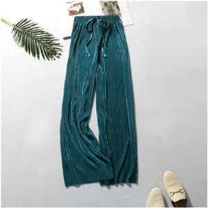 Women's Bohemian Wide Leg Ice Silk Pants | Summer Loose Pleated Trousers | Elastic Waist | Casual Hippie Style | One Size