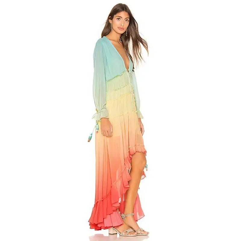 Women's Bohemian Rainbow Maxi Dress | Summer Gradient Patchwork Tiered Chiffon Dress | Elegant Hippie Party Outfit | S–L