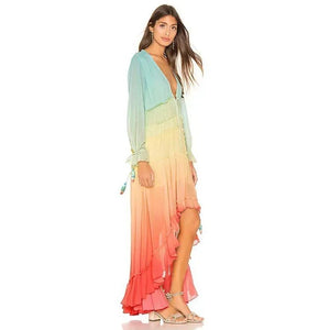 Women's Bohemian Rainbow Maxi Dress | Summer Gradient Patchwork Tiered Chiffon Dress | Elegant Hippie Party Outfit | S–L