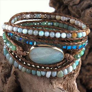 Bohemian Bracelet With Amazonite Stone | Wide Handmade 5 Strand Bracelet