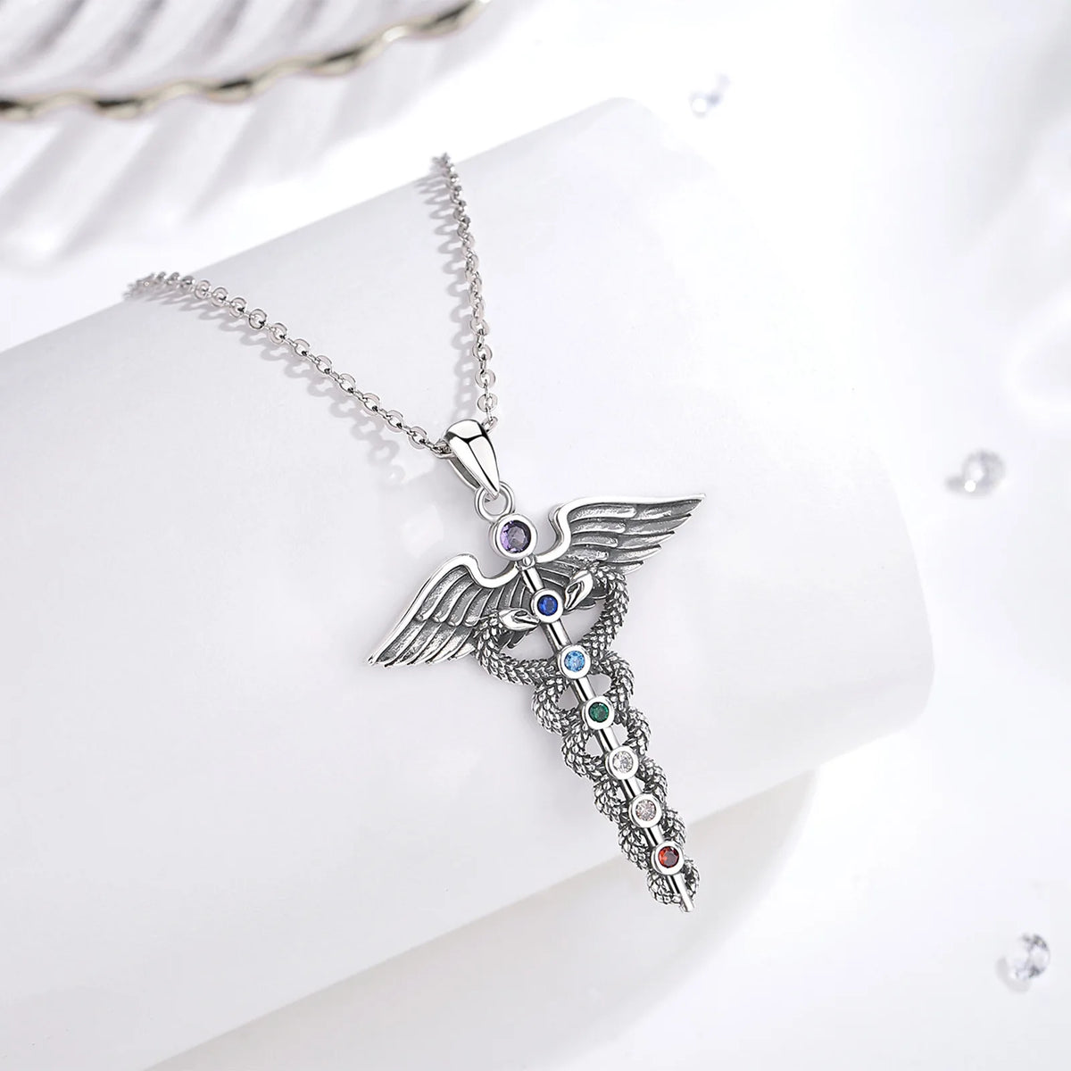 Caduceus Necklace With Chakra Crystals | 925 Silver