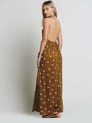 Bohemian Backless Halter Maxi Dress | Brown Embroidered Cotton Sleeveless Summer Dress | Stretch Tie-Back | S–L