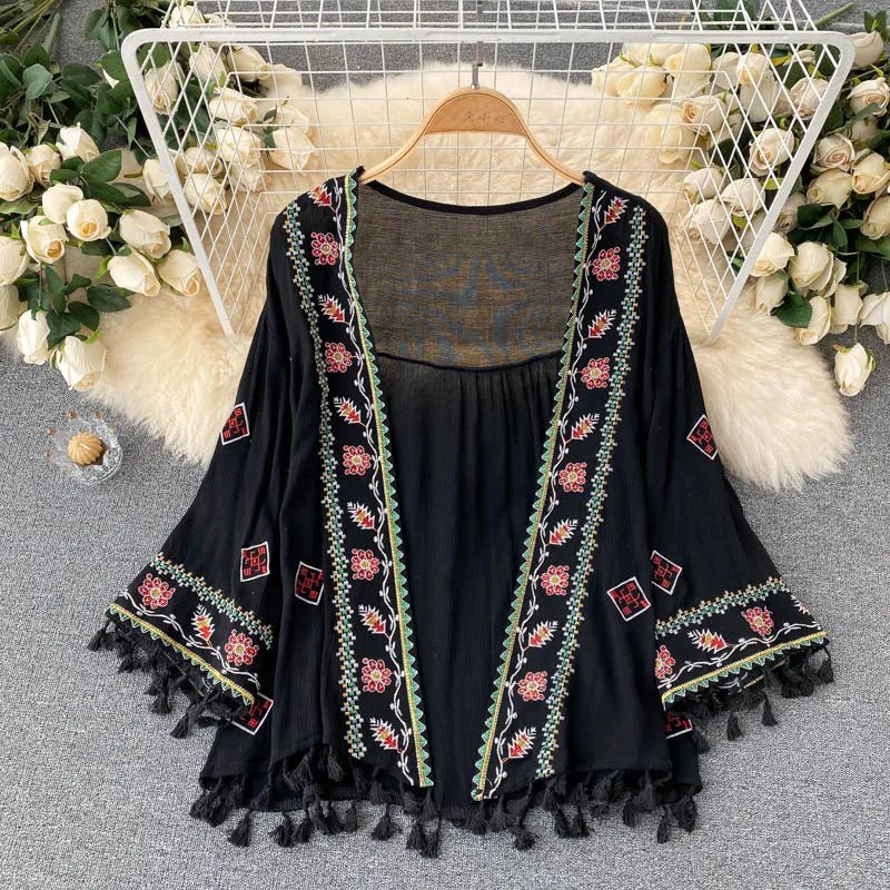 Bohemian Chiffon Cardigan Shirt | Embroidered Tassel Waist - Tie | Hippie Holiday Style | One Size