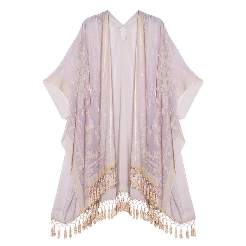 Bohemian Burnt Plush Velvet Kimono | Women's Long Floral Beach Cover - Up with Tassels | One Size | Various Colourstop