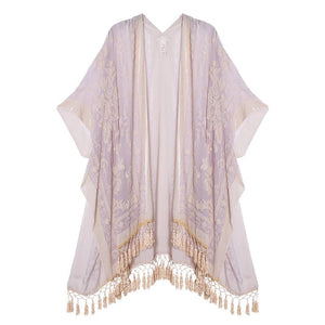 Bohemian Burnt Plush Velvet Kimono | Women's Long Floral Beach Cover - Up with Tassels | One Size | Various Colourstop