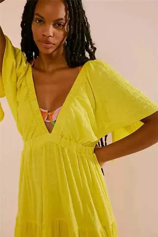 Boho Oversized Maxi Dress | Deep V-Neck Flowy Cotton Blend Long Dress | Flare Sleeve Beach Sundress | S-XL | Summer 2024