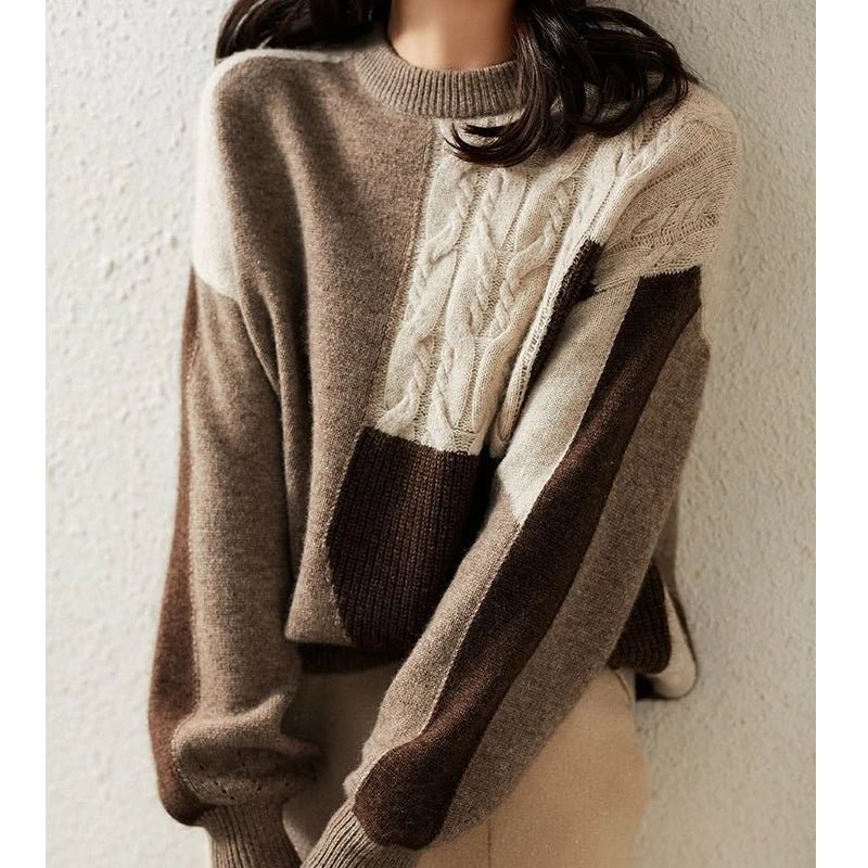 Bohemian Hippie Twist Color - Block Knitted Sweater | Women's Loose Fit Autumn Winter Pullover | Khaki or Red | S - 2XL