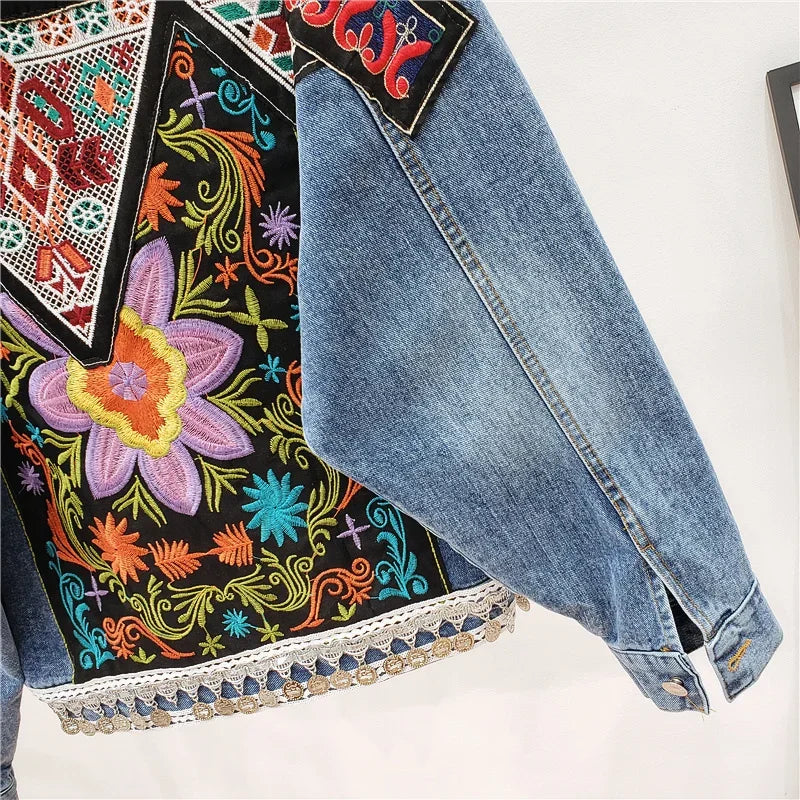 Boho Hippie Embroidered Denim Jacket | Vintage Floral Beaded Jean Coat for Women