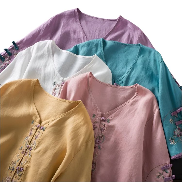 Bohemian Cotton Linen Embroidered Blouse | Hippie V - Neck Summer Shirt | M–4XL | Purple, Blue, Pink, White, Yellow