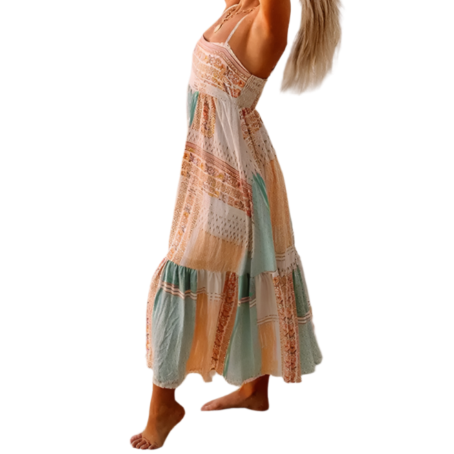 Bohemian Hippie Maxi Dress | Floral Viscose Spaghetti Strap A-Line Beach Dress | Square Neck | S–XL