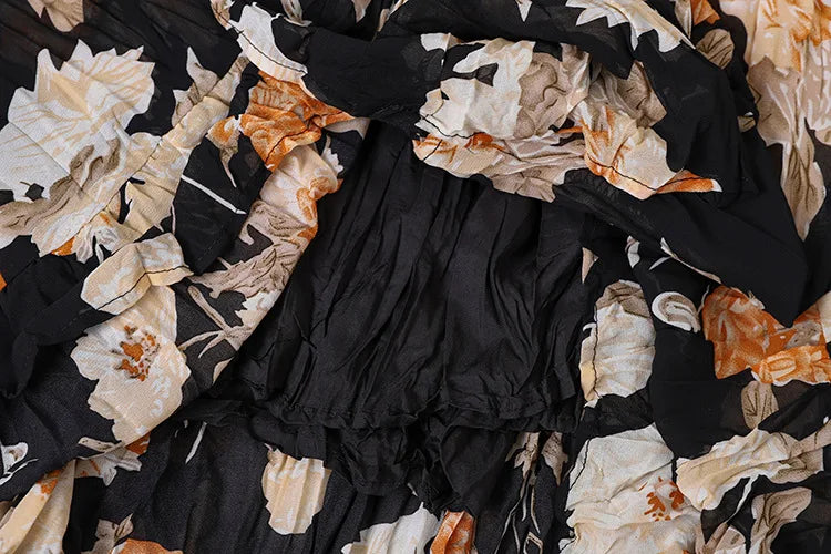 Bohemian Hippie Floral Maxi Skirt | Pleated A-Line Layered Elastic Waist | 4 Colour Options | One Size